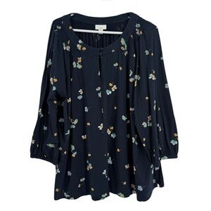 J. Jill 3/4 sleeves Knit Tunic Top Women's Size 2X Blue Floral keyhole front
